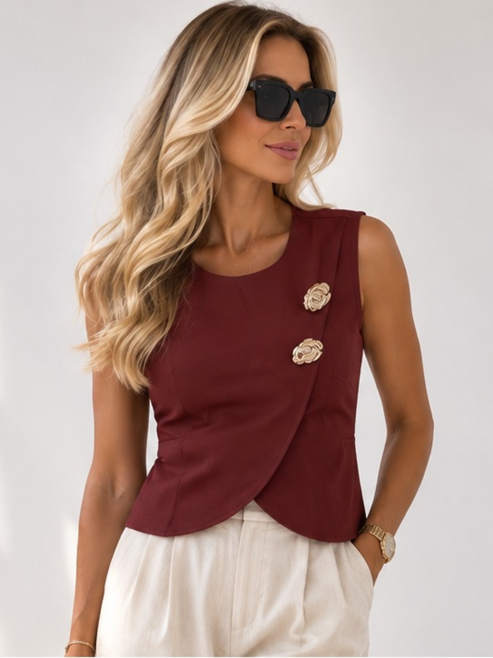Sleeveless Burgundy Wrap-Front Top with Decorative Camelia Buttons Large